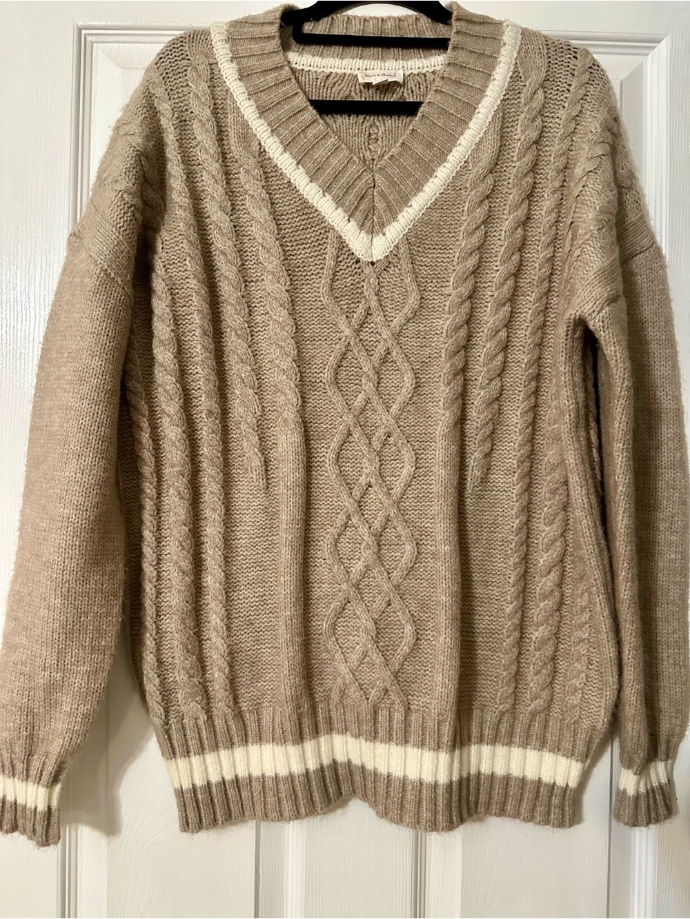 Hem & Thread Taupe V-Neck Cable Knit Sweater with Cream Trim